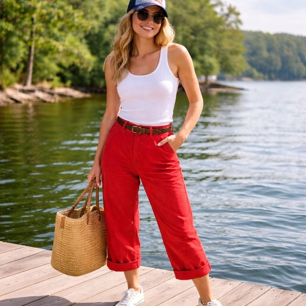 Classic High-Rise Red Cotton Pants - Women's
